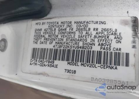 2000 Toyota Camry Le V6 из США, поврежденный, VIN 4T1BF22K5YU948203